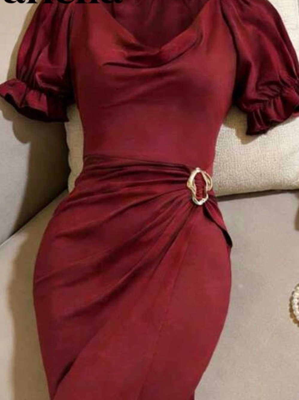 SHEIN Off-Shoulder Burgundy Midi Dress wSide Buckle, clutch, 2x earrings, shawl